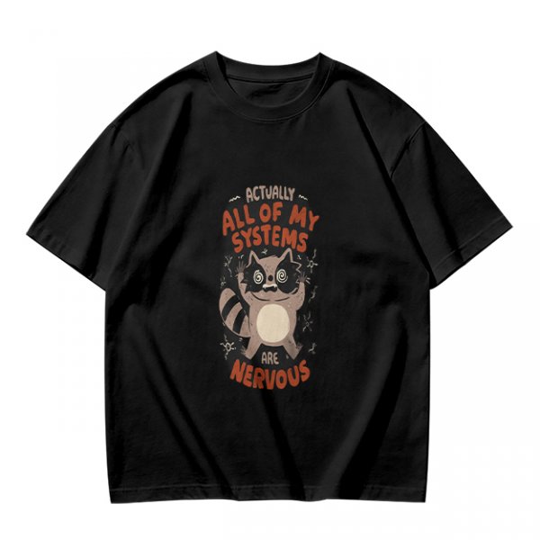 Olive graphic t-shirt with nervous raccoon and 'all of my systems nervous' text