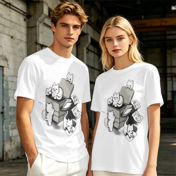 Olive T-Shirt With Playful Cats Emerging From Printer Graphic