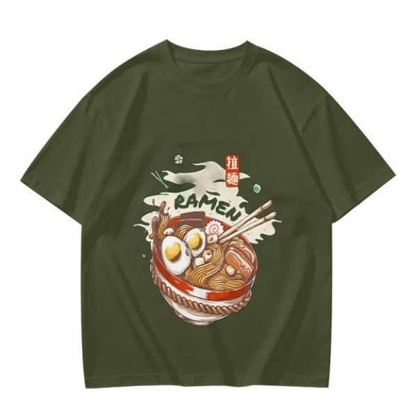 Olive Green T-Shirt With Ramen Bowl Graphic Print