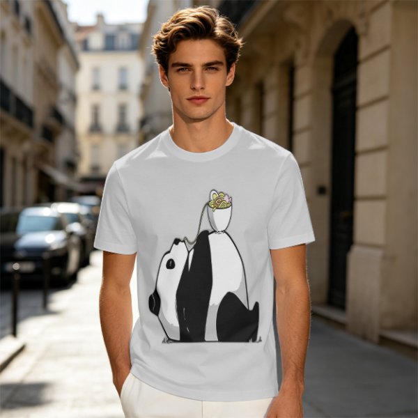 Olive T-Shirt With Panda Balancing Ramen Bowl Print