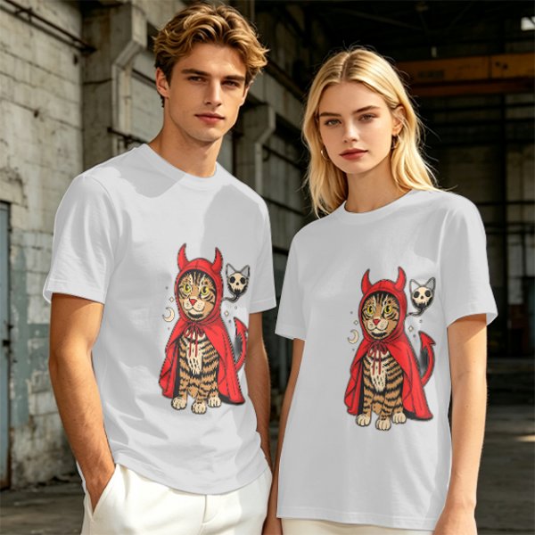 Olive T-shirt with a tabby cat in a devil hood and skull cat graphic