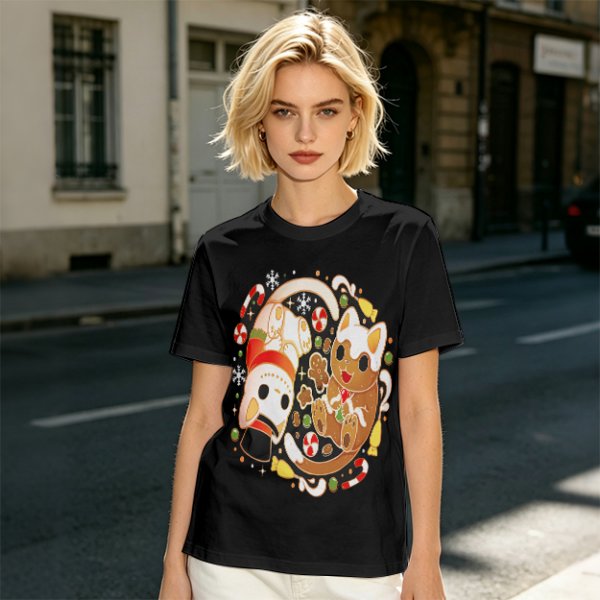 Olive Green T-Shirt With Christmas Cat Gingerbread Candy Print