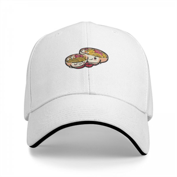 Black baseball cap with cute kawaii ramen bowls graphic