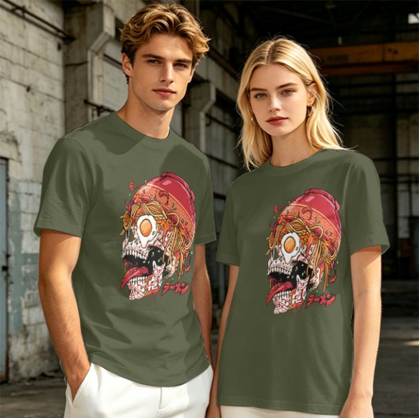 Olive T-Shirt With Ramen Skull Graphic Print