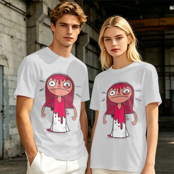 Olive Green T-Shirt With Creepy Cartoon Girl Print