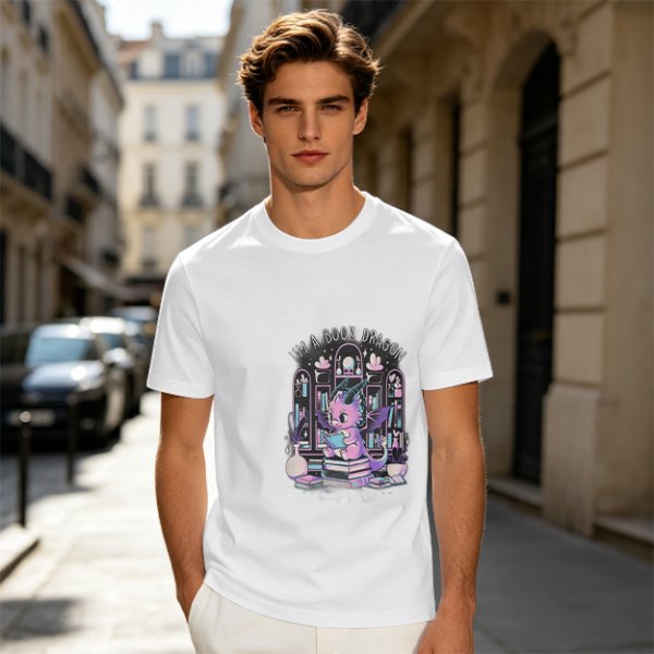 Olive t-shirt with cute book dragon reading design