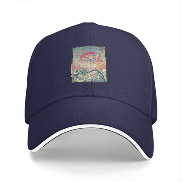 Black Baseball Cap with Japanese Ukiyo-e Dragon and Lightning Art Print