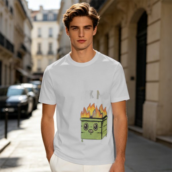 Olive Green T-Shirt With Cartoon Burning Dumpster Graphic