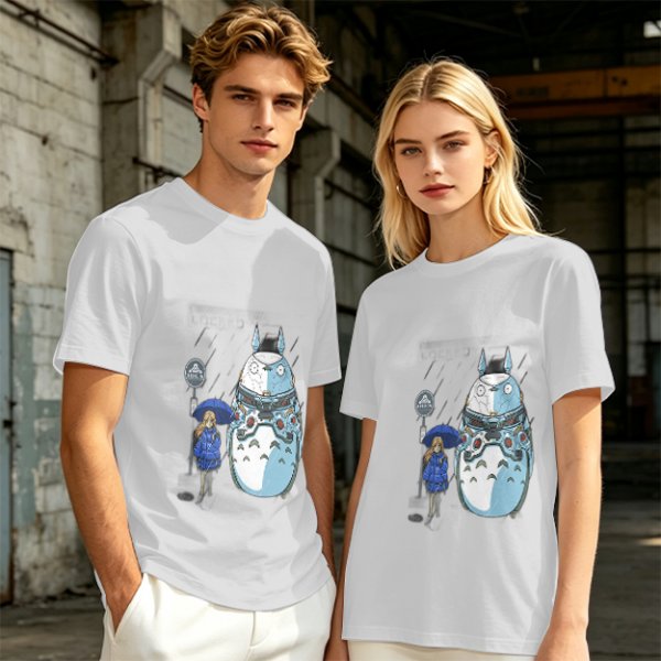 Olive T-Shirt with Mech Totoro and Girl at Bus Stop Print