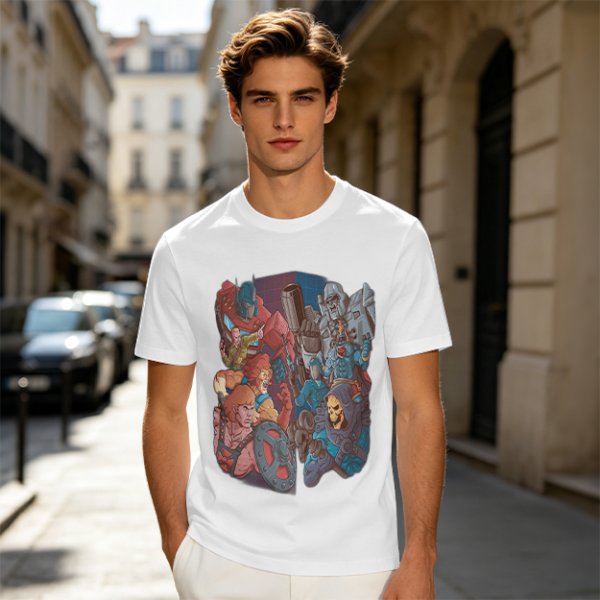 Olive T-shirt with 80s cartoon character crossover graphic