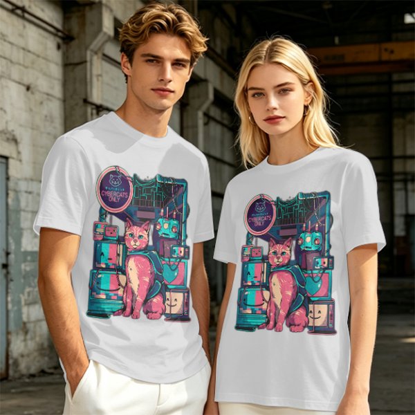 Olive T-Shirt with Cyberpunk Pink Cat and Robotic Tech Print