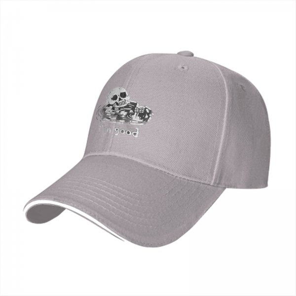 Black baseball cap with skull graphic and 'i'm good' text