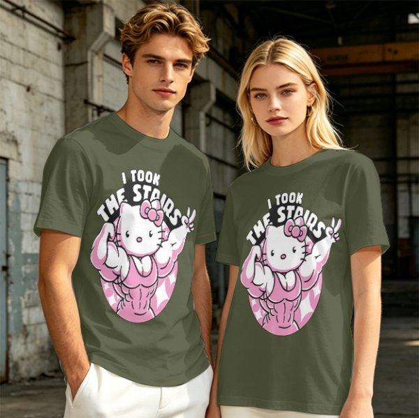 Olive t-shirt with muscular Hello Kitty graphic and 'I Took The Stairs' text