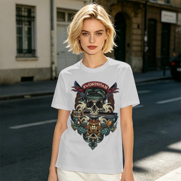 Olive Green Swordsman Skull Graphic Short Sleeve T-Shirt