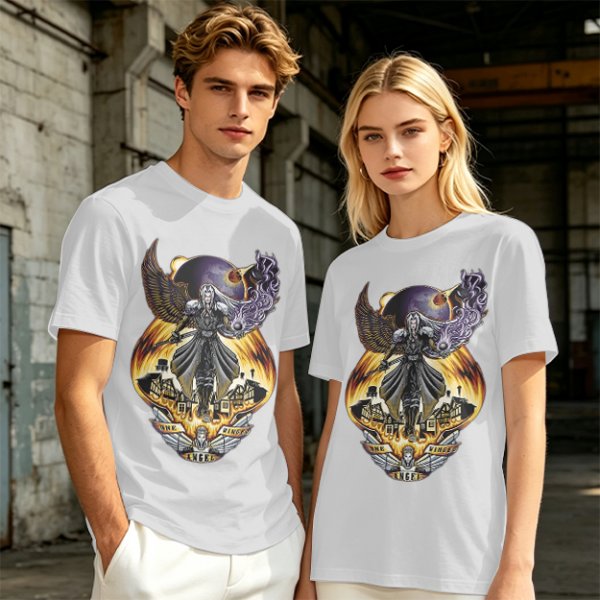 Olive T-shirt with dark fantasy winged warrior graphic print