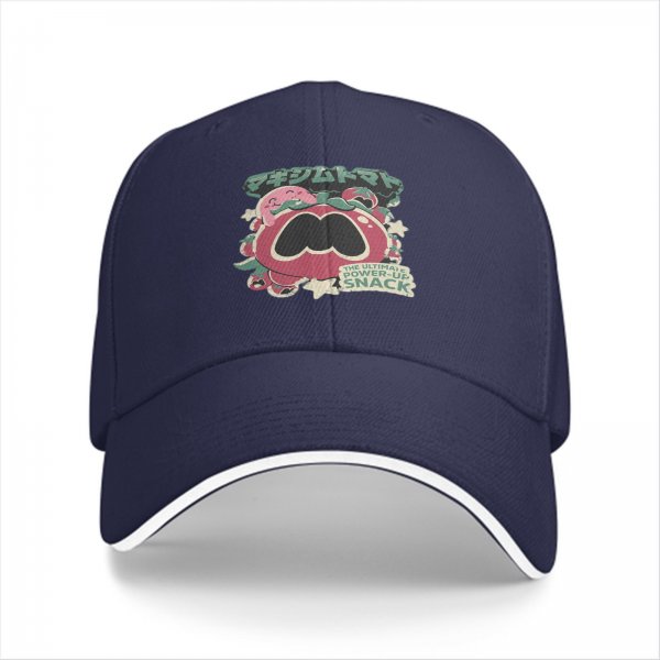Black baseball cap with tomato power-up snack graphic