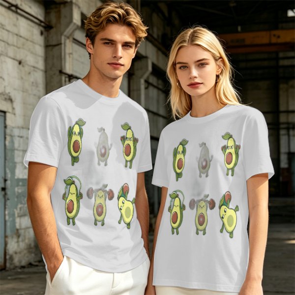 Olive Green T-Shirt with Cartoon Avocado Fitness Characters Print