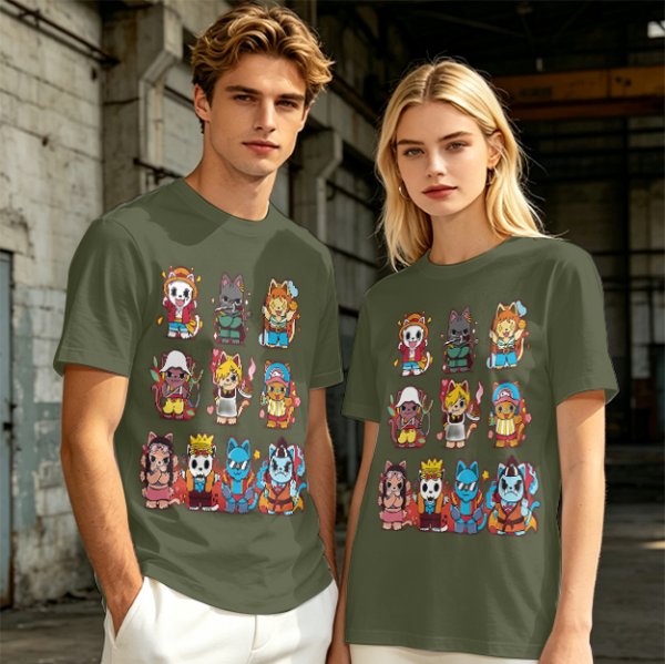 Olive T-Shirt With Cute Anime Cat Character Print