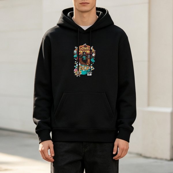 Black hoodie with pirate cereal themed graphic print