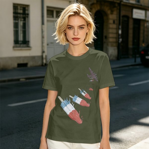 Olive T-Shirt With Melting Red White Blue Popsicle Print