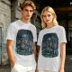 Olive Green T-Shirt With Night Graveyard Cat Illustration