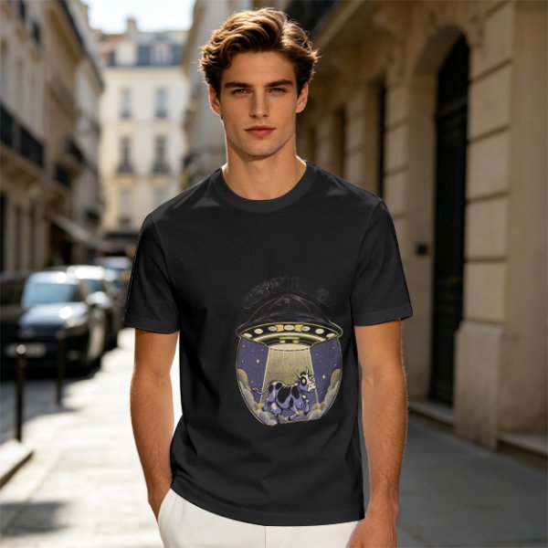 Olive Green T-Shirt with UFO Abducting Cow Graphic