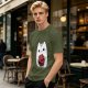 Olive T-Shirt With Cute White Cat Holding D20 Dice Print
