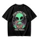 Olive green t-shirt with alien eating pizza text Just Here For The Pizza