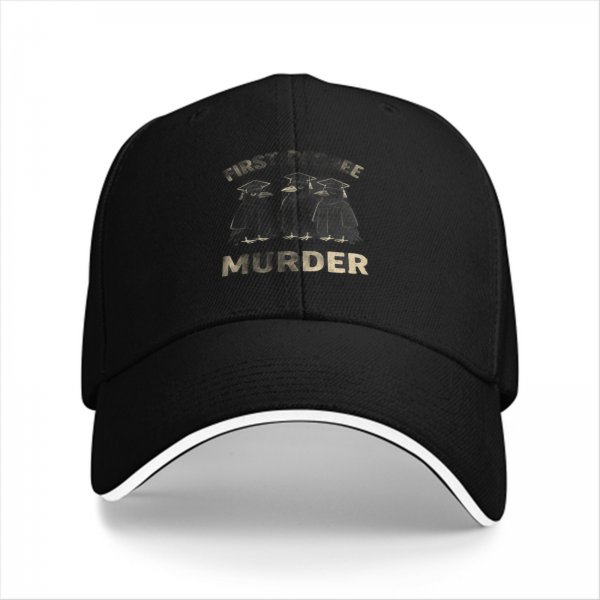 Black baseball cap with 'First Three Murder' and graduation penguins graphic