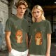 Olive green t-shirt with grumpy fox offering a hug graphic
