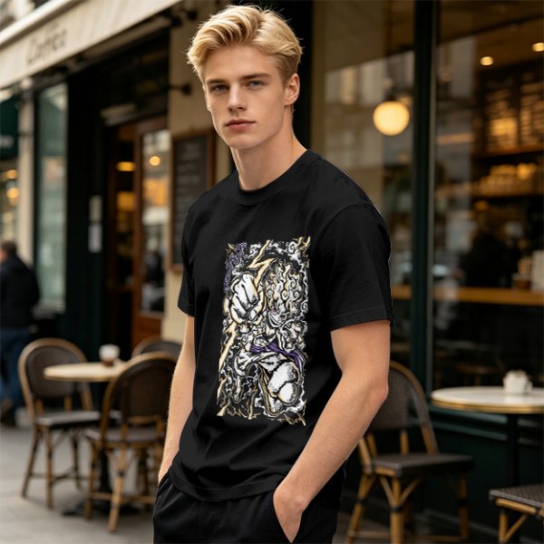 Olive Anime Graphic T-Shirt With Fist And Lightning Artwork