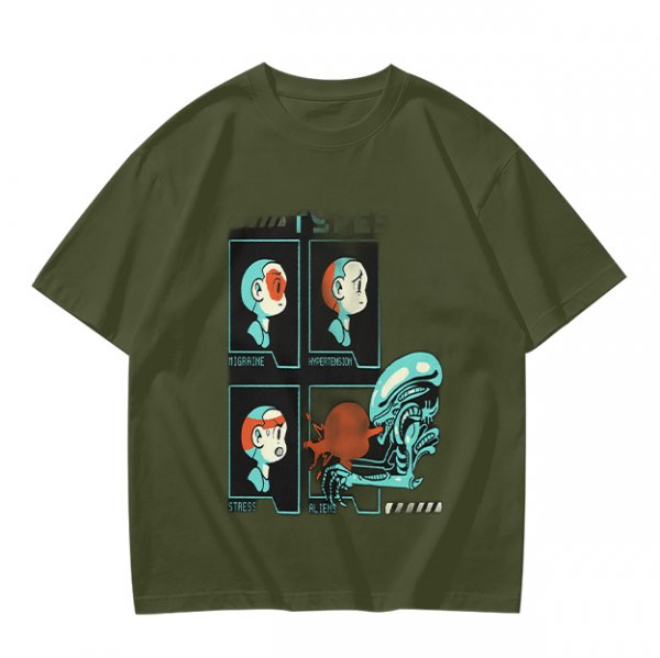 Olive Graphic Tee With Alien Stress Headache Themed Art