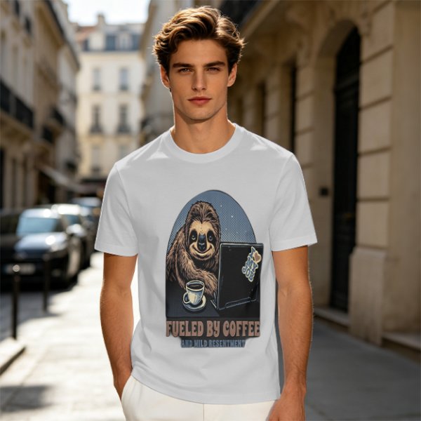 Sloth working on laptop with coffee fueled by coffee and mild resentment t-shirt