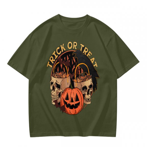 Olive Halloween Trick or Treat Skull Jack-o'-lantern Graphic T-Shirt