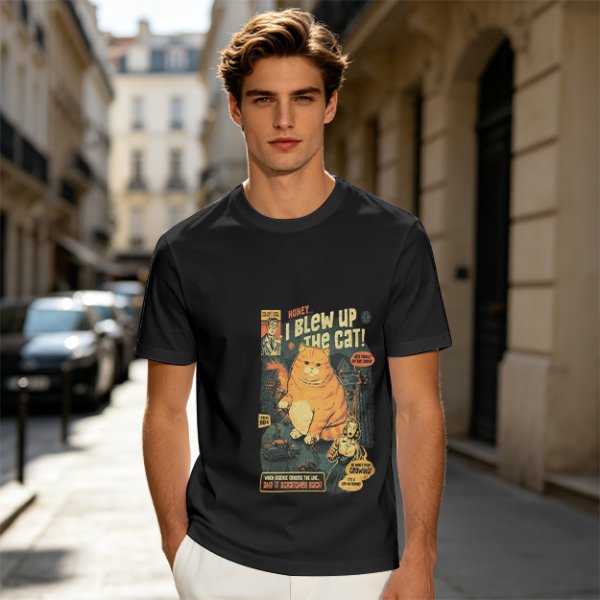 Olive t-shirt with vintage comic style 'I Blew Up The Cat!' print