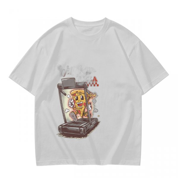 Olive T-shirt with cartoon pizza running on treadmill graphic