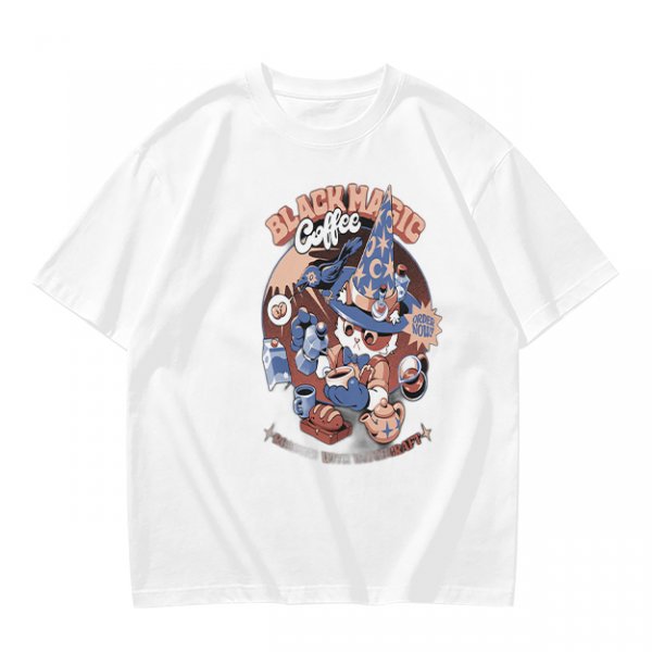 Olive T-Shirt with Black Magic Coffee Wizard Cat Graphic