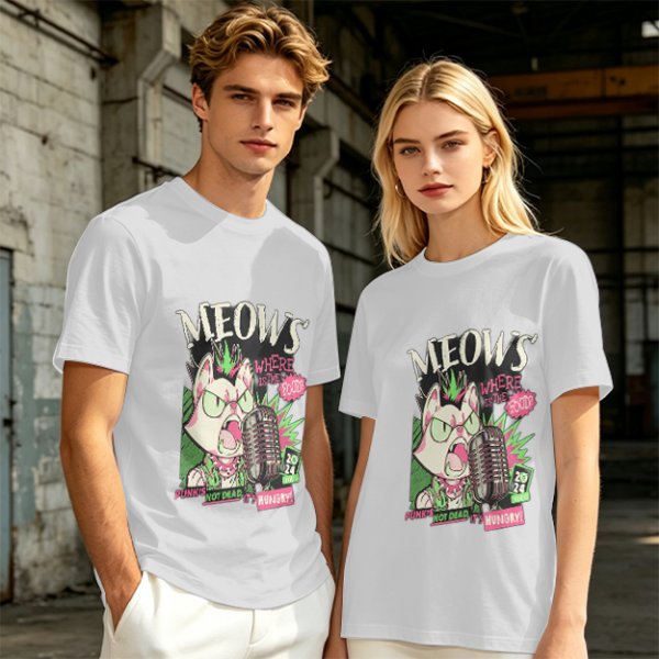 Olive T-Shirt with Punk Rock Cat Singing Microphone Graphic