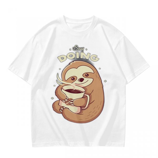 Olive green sloth t-shirt with 'Busy Doing' coffee graphic