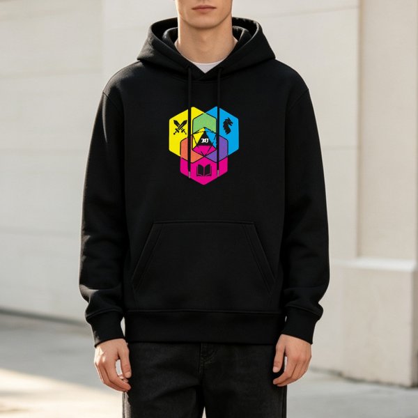 Black Hoodie with Colorful Hexagon Fantasy Art Print