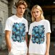 Olive T-Shirt With Playful Blue Cat Character Print