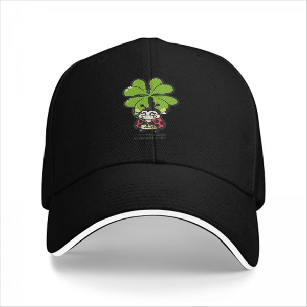 Black baseball cap with ladybug and four-leaf clover graphic