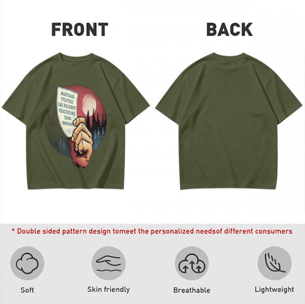 Olive T-Shirt With Hand Holding Bill Of Monthly Expenses Art