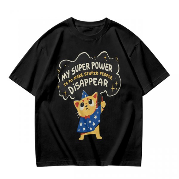 Olive T-shirt with Wizard Cat 'My Super Power Is To Make Stupid People Disappear' Print