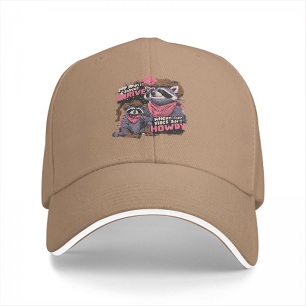 Black baseball cap with cowboy raccoon graphic and 'where the vibes ain't howdy' text