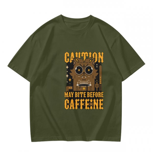 Olive Graphic T-Shirt With 'Caution May Bite Before Caffeine' Angry Cat Print