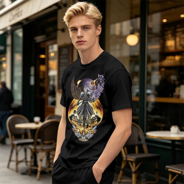 Olive T-shirt with dark fantasy winged warrior graphic print