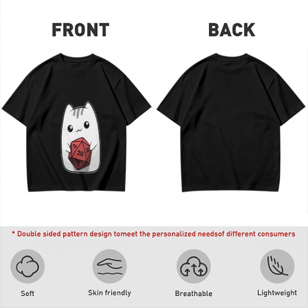 Olive T-Shirt With Cute White Cat Holding D20 Dice Print