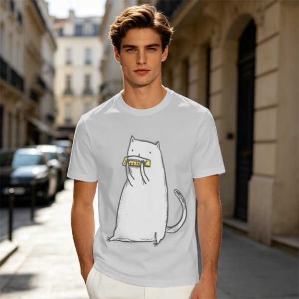 Olive T-Shirt With White Cat Playing Harmonica Graphic