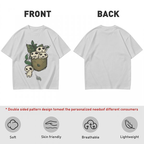 Olive T-shirt with Kodama Tree Spirits in Pocket and Leaves Print